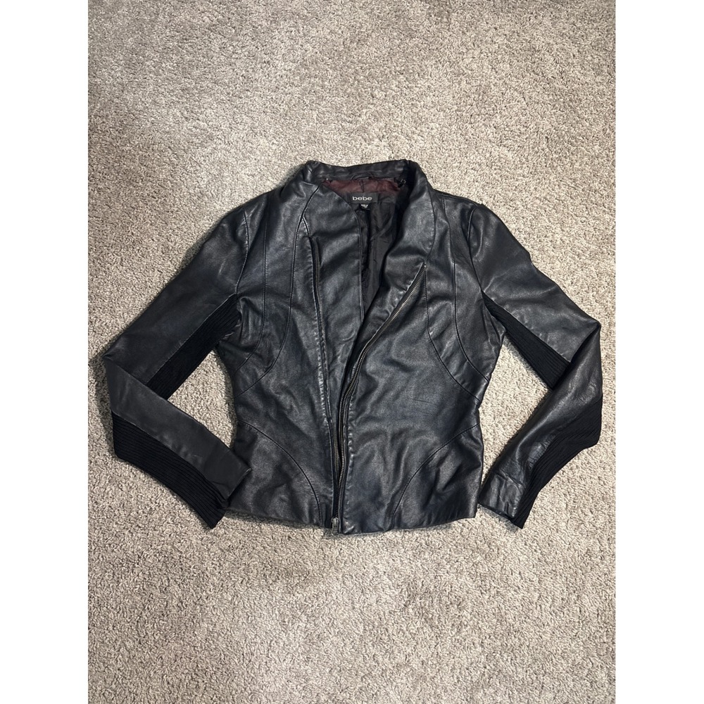 Vintage Bebe Black Leather Jacket Ribbed Knit Panels Asymmetrical Zip Womens M